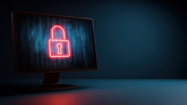 Computer monitor screen displaying a glowing red padlock over a digital code background