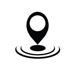 A black location pin with concentric circles on a white background indicating location or gps signal