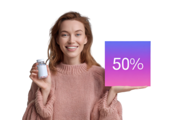 Wellness Promotion: A radiant individual, embodies the essence of health and vitality, presenting a bottle of supplements alongside a sign, which promises a tempting 50% discount