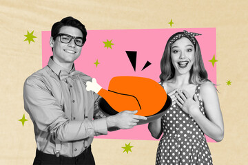 Banner 3d art pop image collage of two happy girl guy hold grilles turkey dish national thanksgiving day celebration surprise