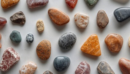 Assorted Polished Stones, Textures and Colors, Abstract Arrangement on Light Surface.