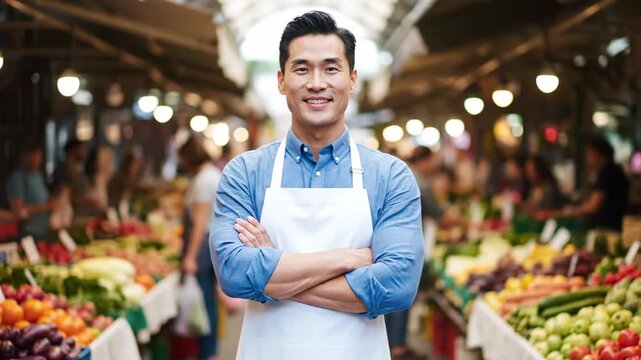 Man grocer wearing apron standing with arms crossed, smiling at camera in a traditional market with fresh produce stalls and customers in the background