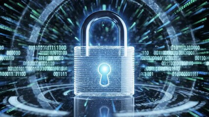 Digital Security Padlock with Binary Code Background - An abstract representation of digital security shows a padlock constructed from digital binary code against a backdrop of flowing digital - Powered by Adobe