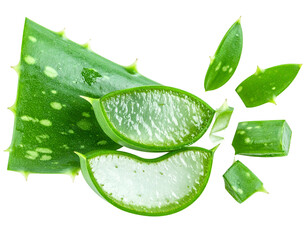 Fresh green aloe vera slices and leaves, wet, with dark background