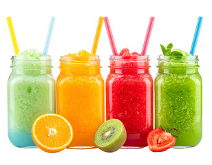 Four colorful, fruity slushies in mason jars with straws, plus fruit slices