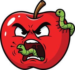 Angry cartoon apple with expressive face and two worms, vector illustration for humorous character design and playful fruit concept