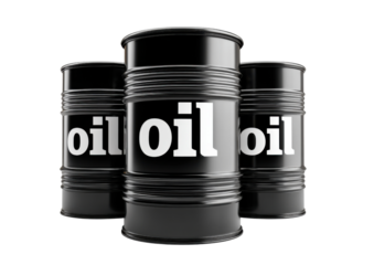 Oil Barrels: A set of black oil barrels stands prominently, each emblazoned with the word oil against a backdrop, symbolizing energy resources.