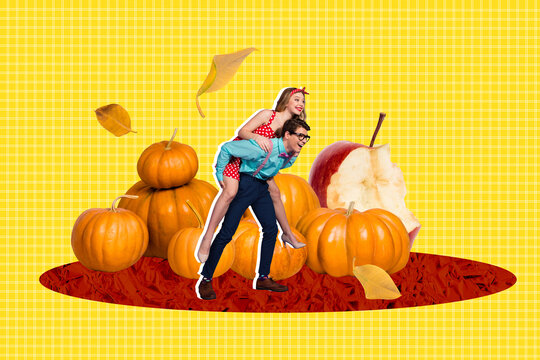 Art sketch 3d image full collage of two happy girl guy couple walk harvest pumpkin thanksgiving day celebration bitten apple