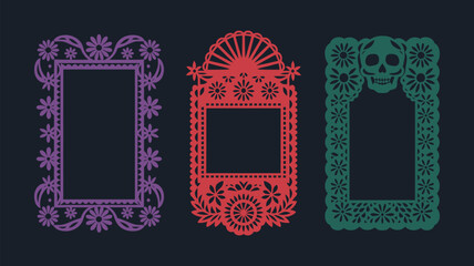 Mexican papel picado frame border set, decorative purple rectangular cutout with flowers and leaves, pink arch design featuring sunburst motif, green rectangle with skull patterns for dia de muertos