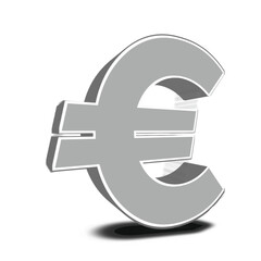 A gray euro symbol with a white outline and a shadow cast on a white background in a graphic rendering