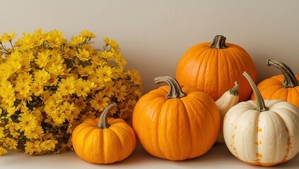 Autumn Arrangement with Yellow Flowers and Orange Gourds. A Warm, Textured Still Life.
