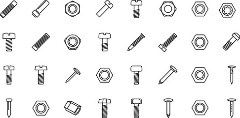 Black and white line art of screws, bolts, nuts, nails, hardware fasteners, construction tools, mechanical components, engineering elements, DIY illustration set