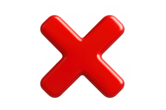 Red glossy x mark icon symbolizing wrong, error, cancel, denial, or incorrect choice with transparent background
