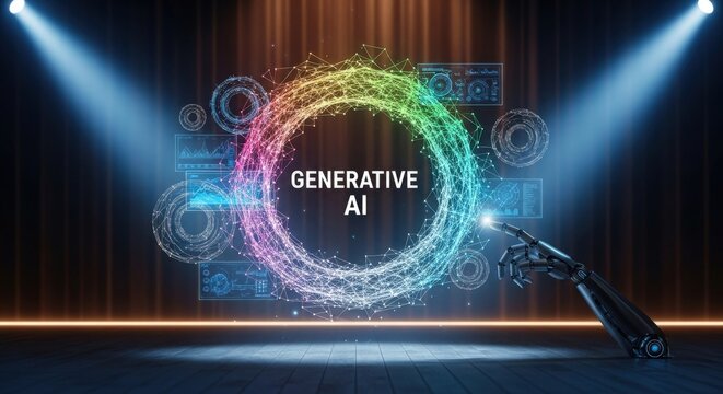 Generative AI Digital Art: Futuristic Neural Network Illustration with Robotic Arm and Holographic Schematics