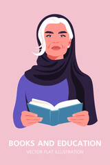 A muslim elderly woman is holding an open book in his hands. A grandmother. Concept of education, learning and knowledge. Libraries and bookstores. Vector flat illustration