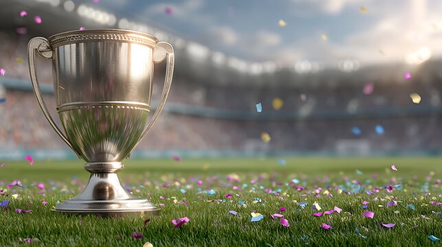 Golden trophy on a grassy field with stadium lights and confetti - Powered by Adobe