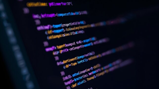Close-up view of lines of computer code on a dark screen