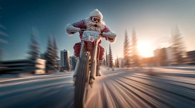 Santa Claus racing through a winter landscape on a motorbike.