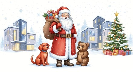 Children's New Year illustration featuring Santa Claus with gifts, a dog, and a bear in a snowy urban setting