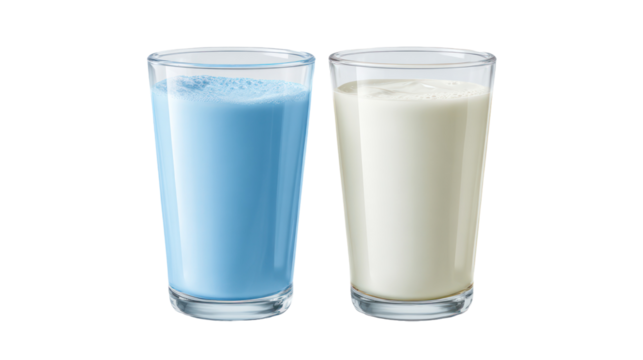 Two tall glasses of milk one blue and one white isolated on transparent background