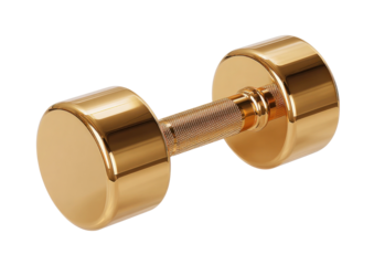 Golden Dumbbell: A close-up studio shot presents a sleek, gold-plated dumbbell, gleaming under focused light, symbolizing strength and fitness.