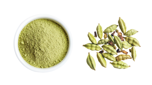 Green cardamom pods and powder isolated on transparent background