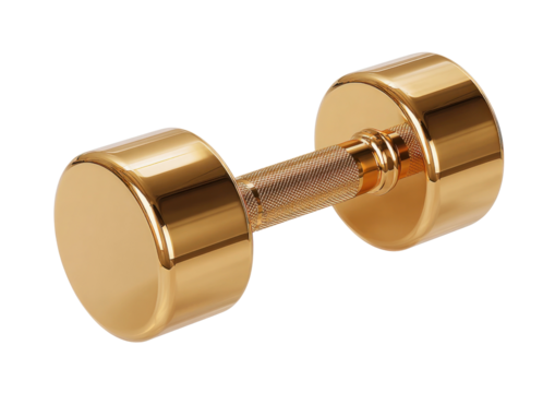 Golden Dumbbell: A close-up studio shot presents a sleek, gold-plated dumbbell, gleaming under focused light, symbolizing strength and fitness.