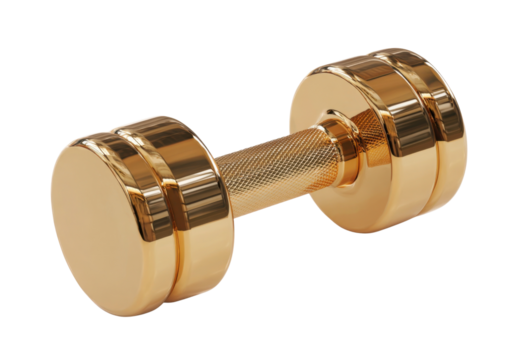 Golden Weight: A close-up studio shot of a gleaming, golden dumbbell, symbolizing strength, fitness, and the pursuit of a healthy lifestyle.