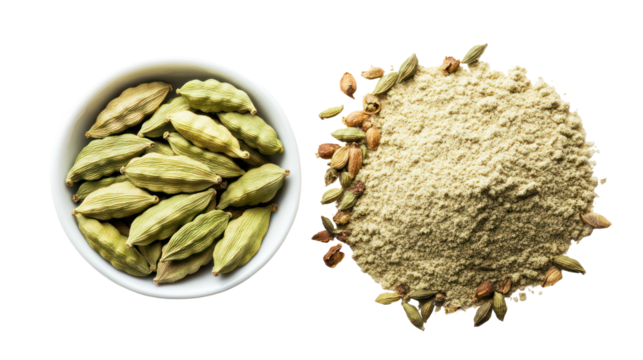 Whole green cardamom pods and ground cardamom isolated on transparent background - Powered by Adobe
