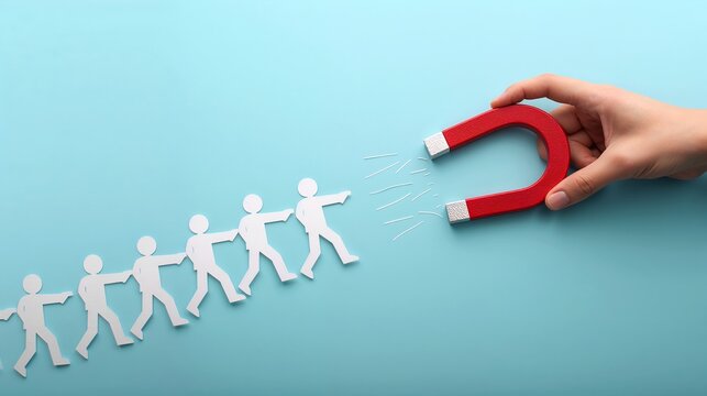 magnet attracting paper people, symbolizing attraction and recruitment