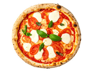 Overhead shot of a Neapolitan pizza with tomatoes, mozzarella, and basil