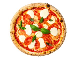 Overhead shot of a Neapolitan pizza with tomatoes, mozzarella, and basil