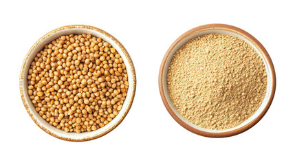 Jowar grains and jowar powder in a bowl side by side on transparent background