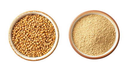 Jowar grains and jowar powder in a bowl side by side on transparent background