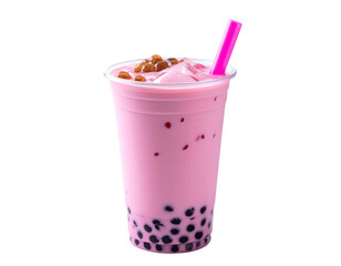 Pink beverage with tapioca pearls in clear cup with a pink straw