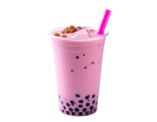 Pink beverage with tapioca pearls in clear cup with a pink straw