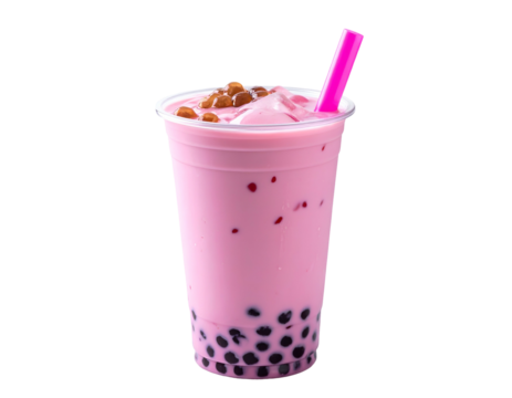 Pink beverage with tapioca pearls in clear cup with a pink straw - Powered by Adobe