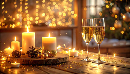 Romantic Christmas Eve with Champagne and Candles.
