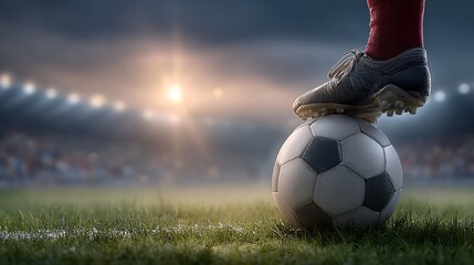 Close up of a soccer player s cleated foot on a ball