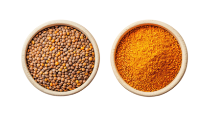 Lentils and lentil powder overhead side by side on transparent background