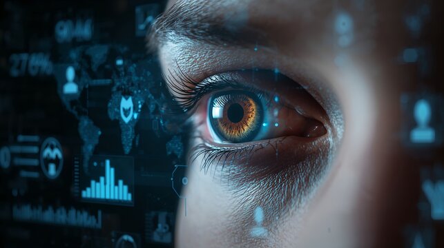 a futuristic image of human eye with digital data overlay. It portrays advanced technology, the eye gazing at a digital screen.