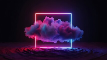 Abstract neon square frame around colorful glowing cloud over textured surface smoke