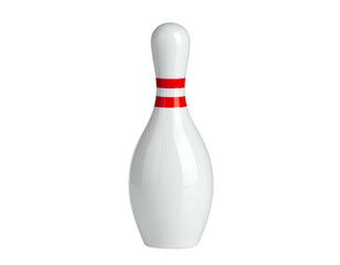 Single white bowling pin, with red stripes, isolated on black background