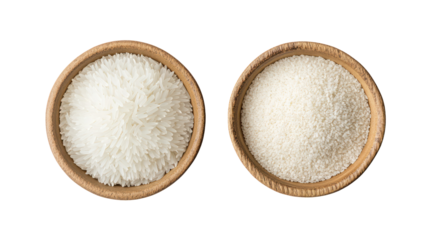 Long grain rice and rice powder overhead side by side on transparent background