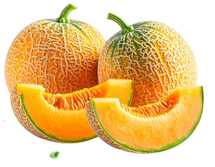 Ripe cantaloupes with fresh slices, showcasing vibrant orange flesh