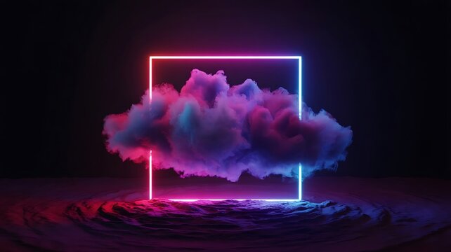 Abstract neon square frame around colorful glowing cloud over textured surface smoke