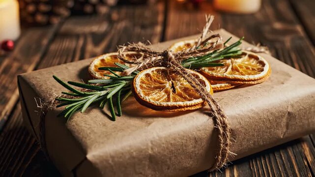 Rustic Christmas Present - A Christmas present wrapped in brown paper is adorned with dried orange slices and sprigs of rosemary, tied together with rustic twine.
