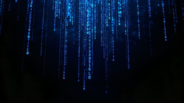 abstract digital code cascading downwards in shades of blue against a dark background, representing data flow and technology