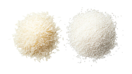 Long grain rice and rice powder overhead side by side on transparent background