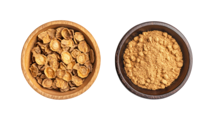 Two oval bowls filled with dried flower buds isolated on transparent background